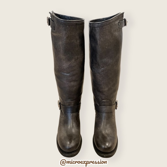 Frye Vera Slouch Grey Black Leather Block Heel Moto Knee High Tall Buckle Boot - Picture 7 of 13